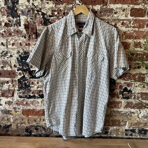Vintage Williams Bay Mens XL Western Pearl Snap Blue Tan Plaid Cowboy S/S